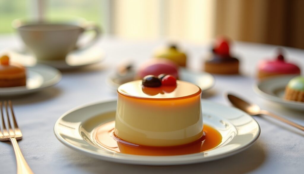 Délice gourmand : crème caramel à la vanille accompagnée de petits fours exquis
